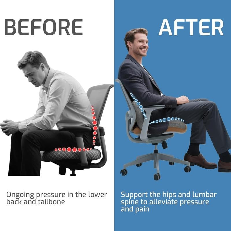 Memory Foam Seat Cushion – Ergonomic Back & Tailbone Support Chair Cushion