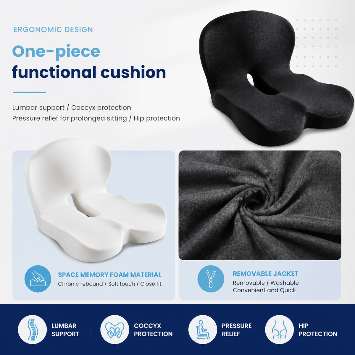 Memory Foam Seat Cushion – Ergonomic Back & Tailbone Support