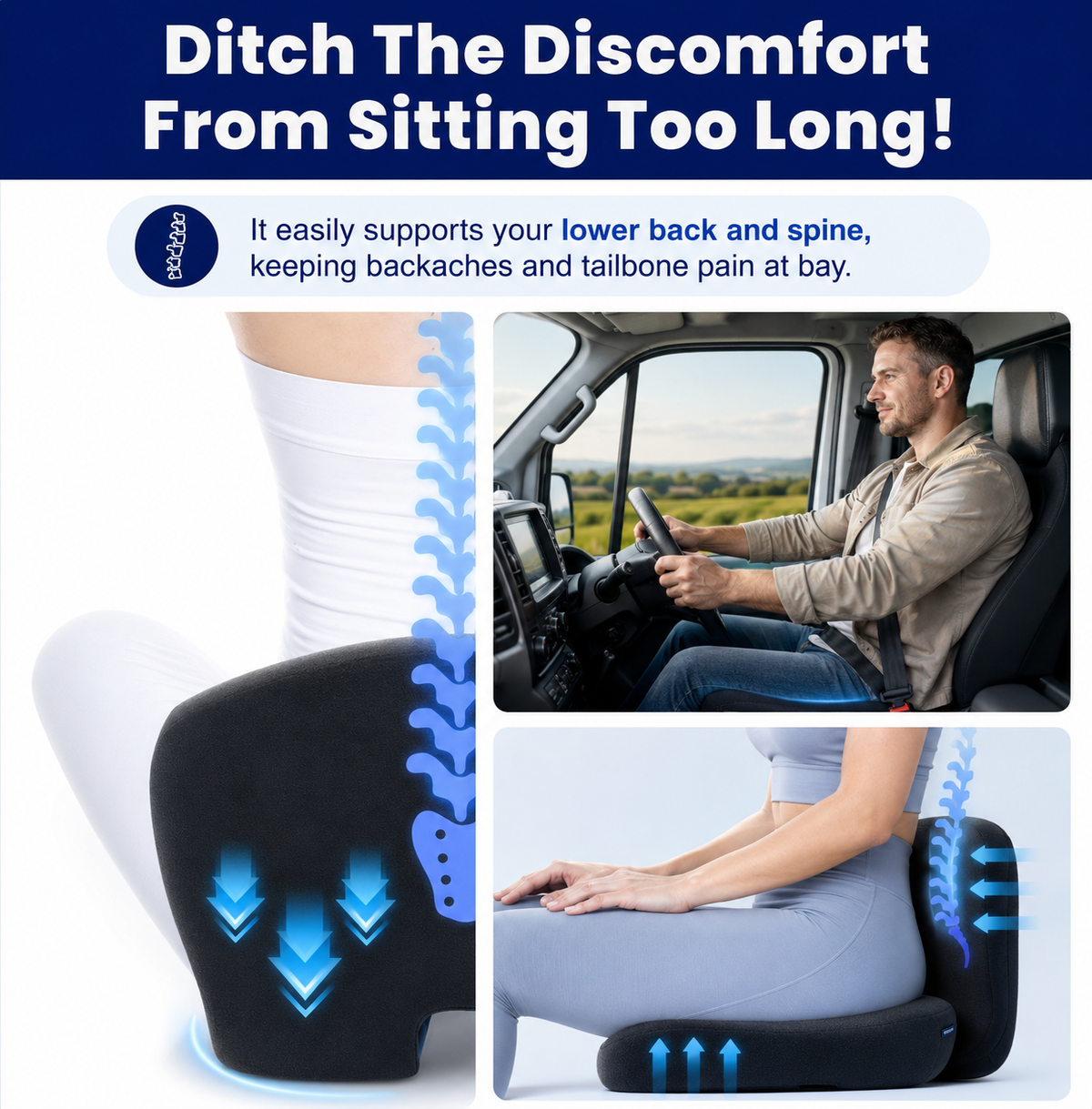 Memory Foam Seat Cushion – Ergonomic Back & Tailbone Support
